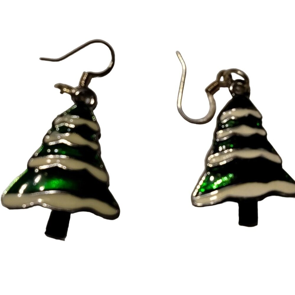 Christmas Tree Earrings Dangle Drop Hook Green White Silver Vintage Enamel